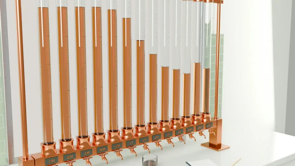 A 3D render of a copper apparatus with glass tubes filled with varying levels of amber liquid, illustrating evaluating